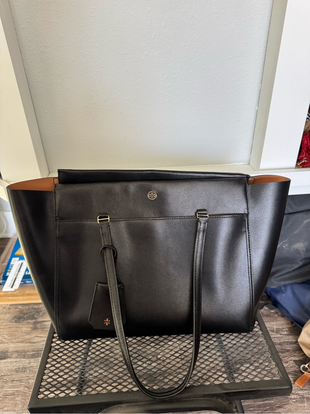 Tory Burch Black Leather Tote with Tan Interior Accents